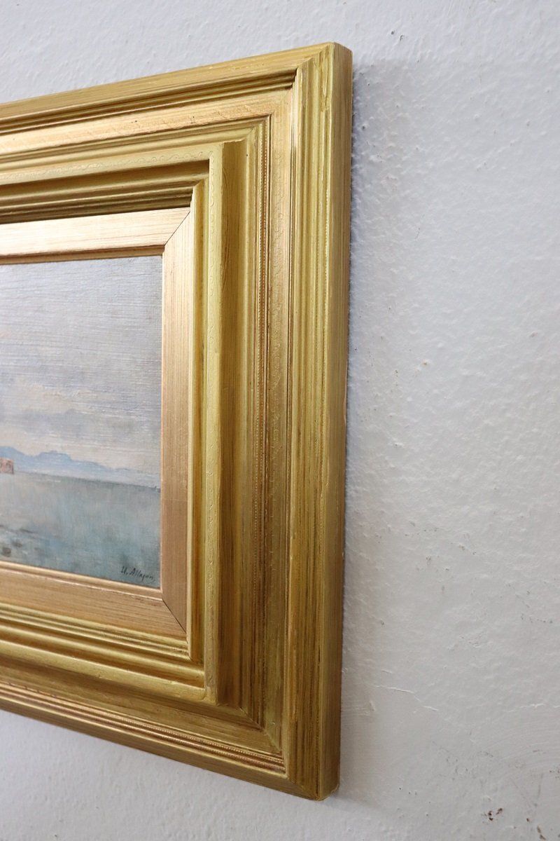 View Of The Gulf Of Naples, Oil Painting On Board, Early 20th Century, Framed photo vinterior
