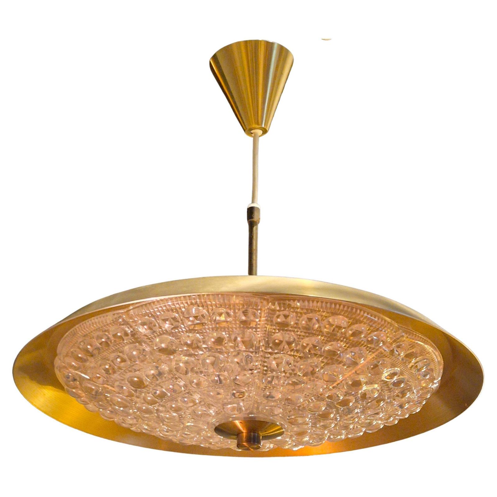 Carl Fagerlund, Swedish Modern Pendant In Brass And Beautiful Orrefors Glass.