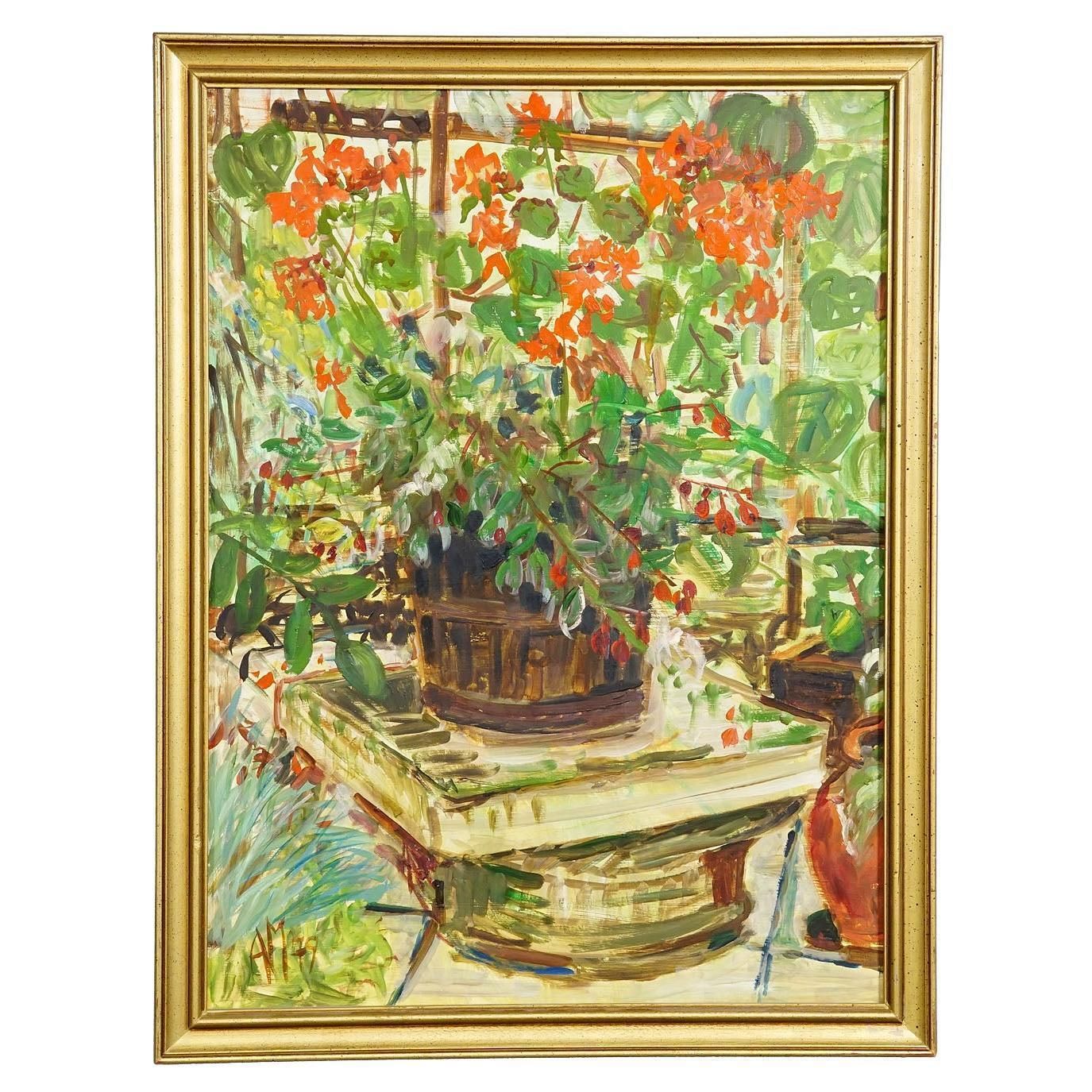 Alexander Michael Oil Painting – Still Life Geraniums, 1977