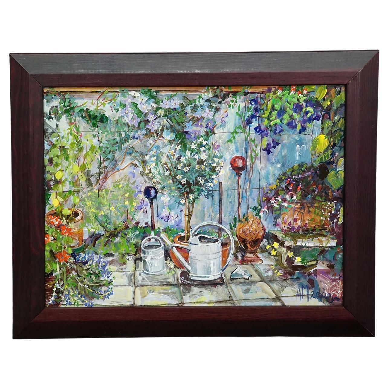 Garden Clematis With Watering Cans, 2000 – Oil Painting By Alexander Michael