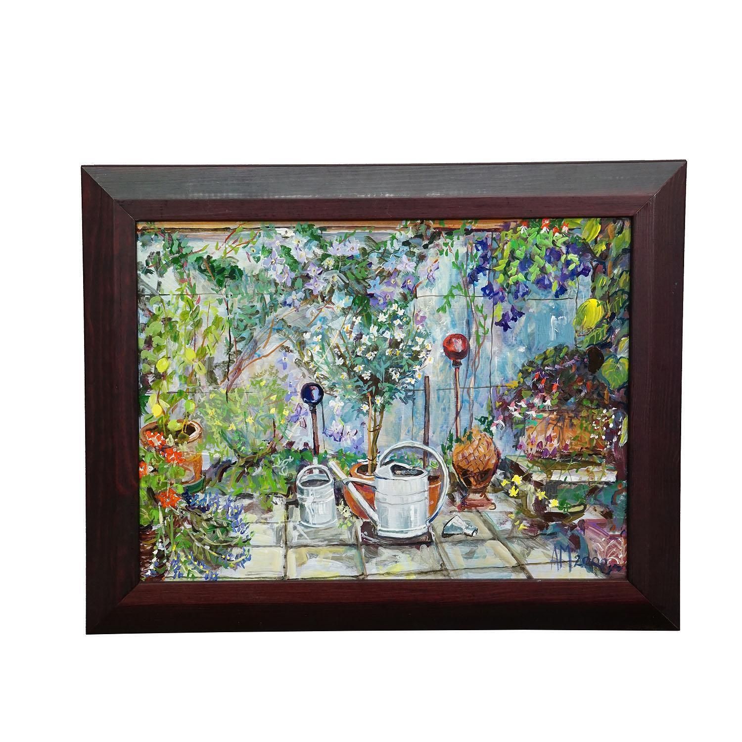 Garden Clematis With Watering Cans, 2000 – Oil Painting By Alexander Michael photo furniture