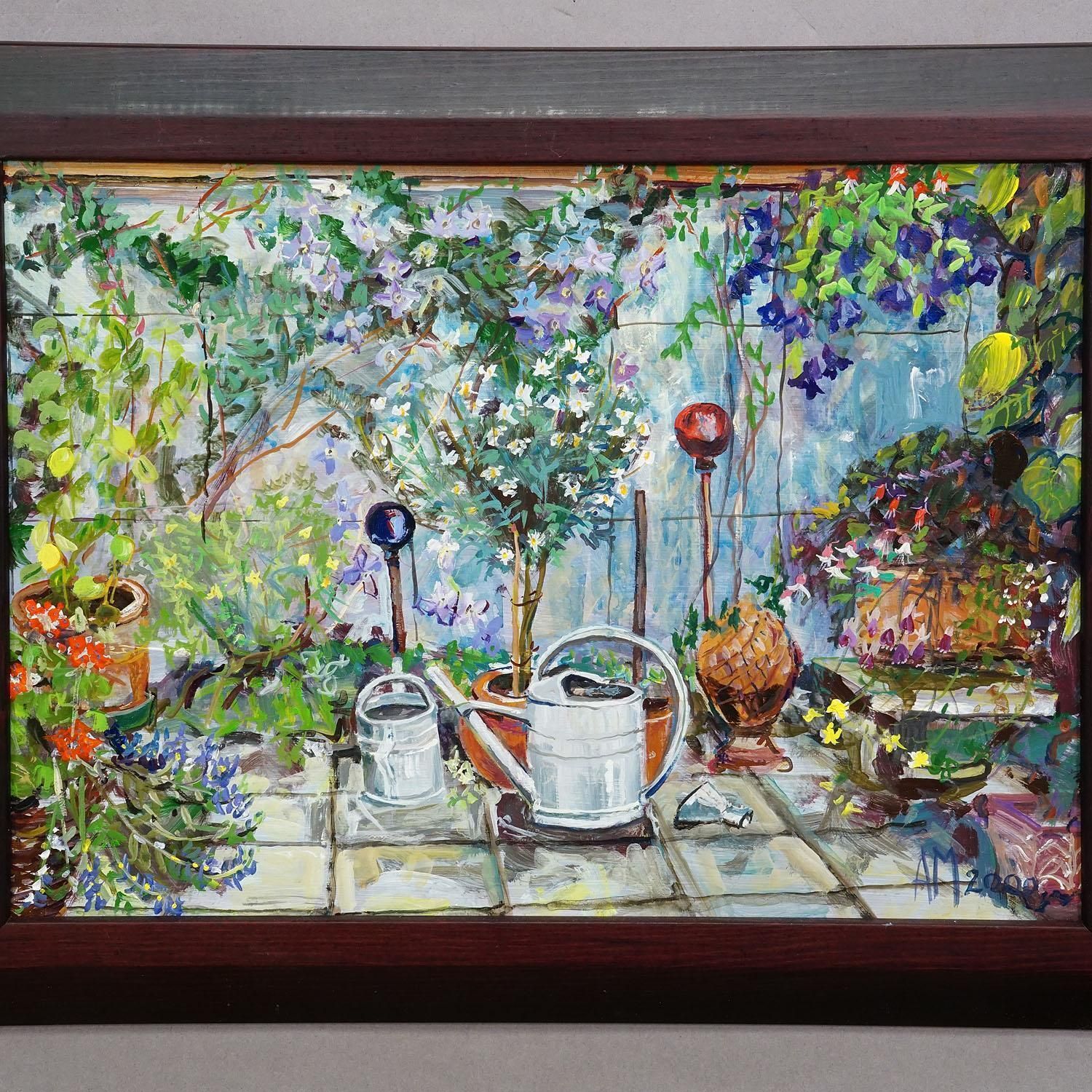 Garden Clematis With Watering Cans, 2000 – Oil Painting By Alexander Michael photo Art