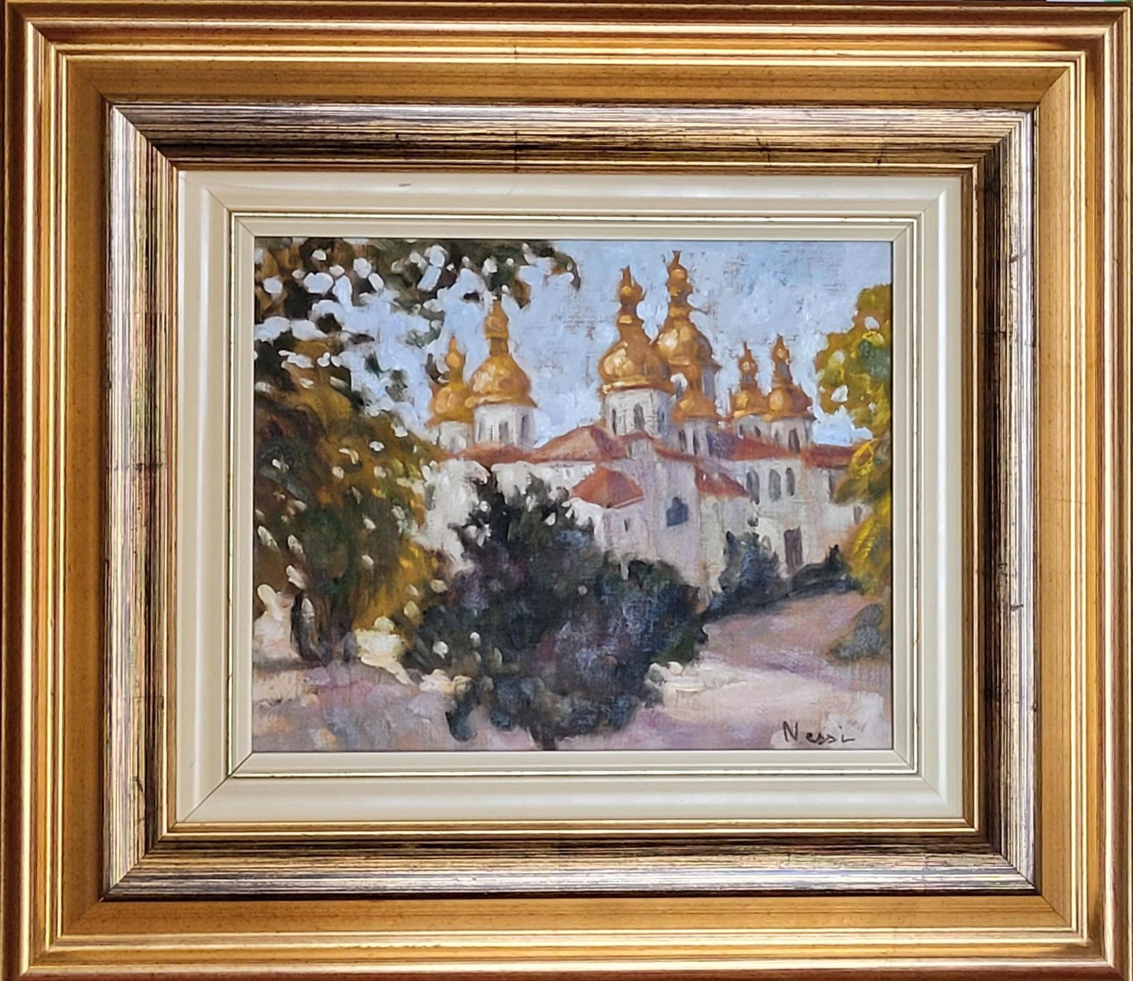 Antique Eastern European Domed Church Oil Painting On Canvas, Framed, 41.5cm From The 1960s By Marie Lucie Nessi