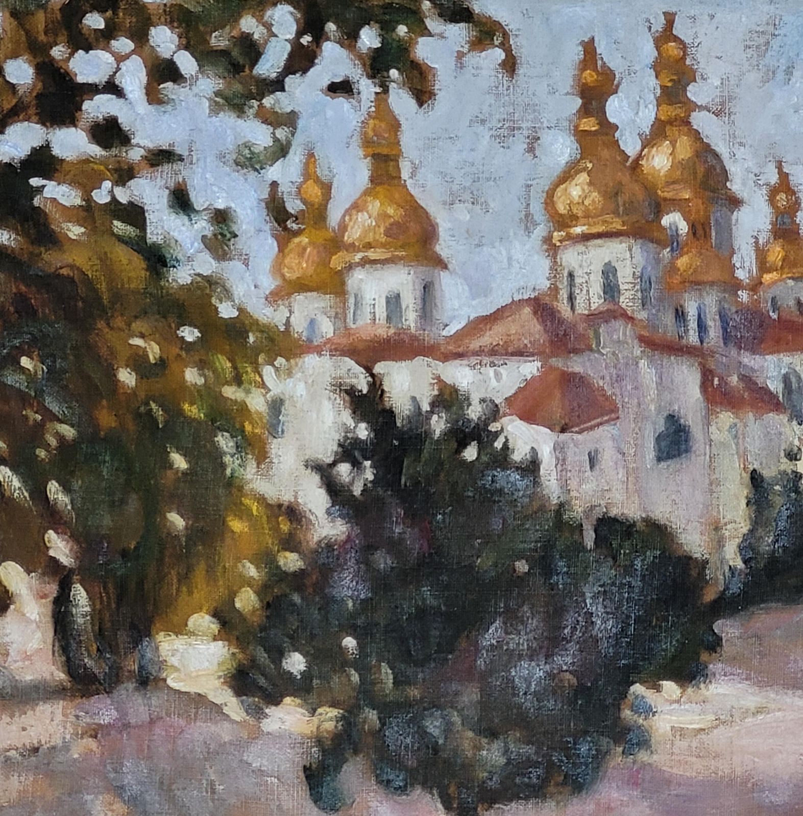 Antique Eastern European Domed Church Oil Painting On Canvas, Framed, 41.5cm From The 1960s By Marie Lucie Nessi photo for sale