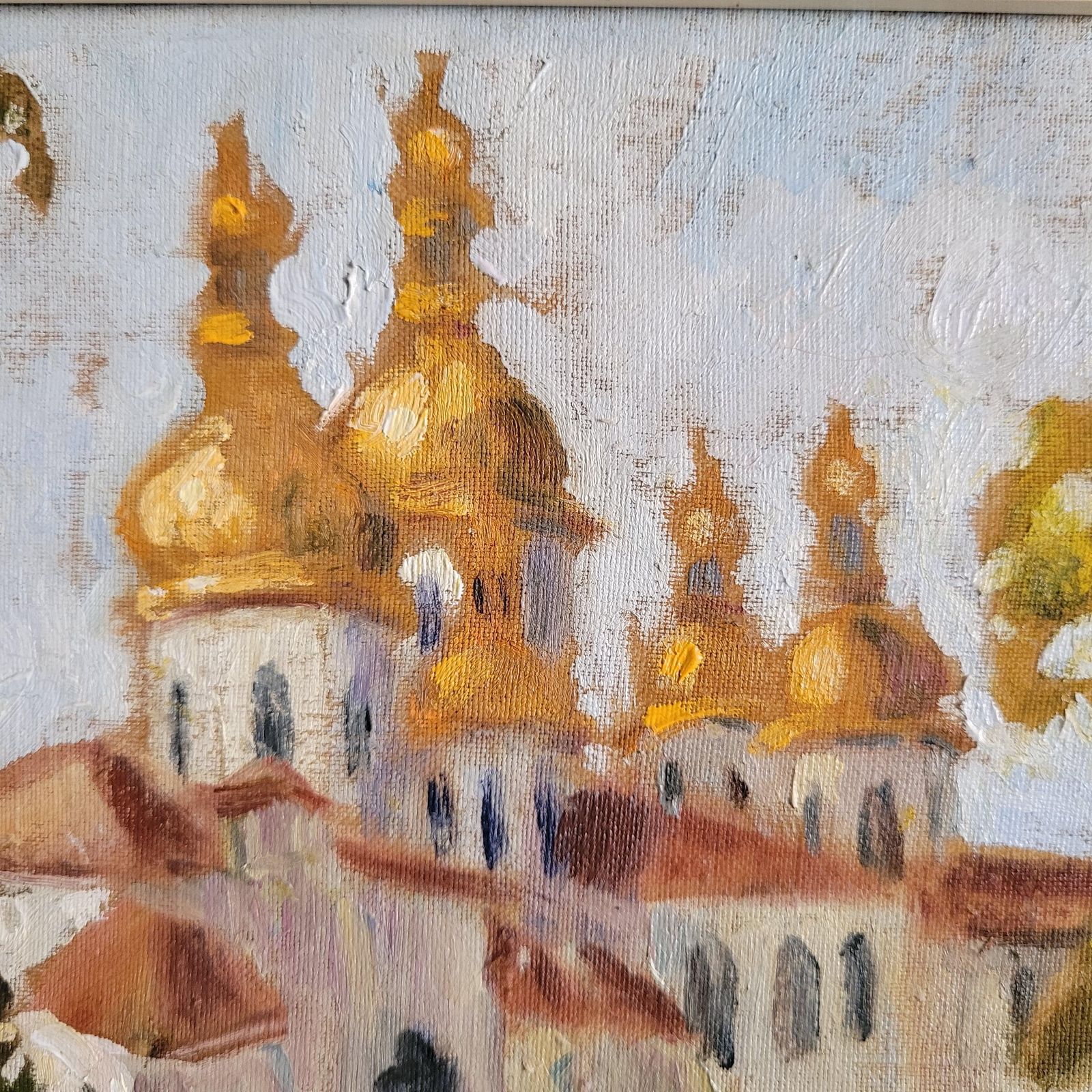 Antique Eastern European Domed Church Oil Painting On Canvas, Framed, 41.5cm From The 1960s By Marie Lucie Nessi photo vinterior