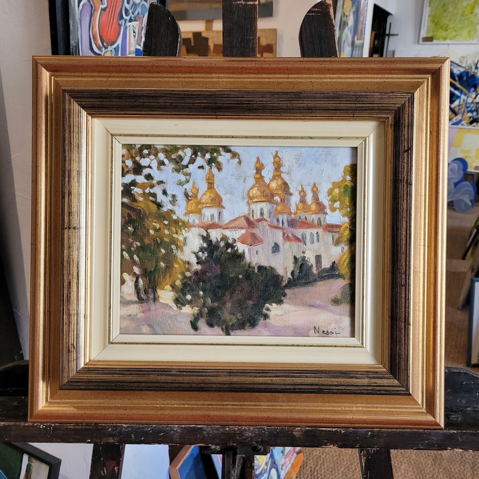 Art Antique Eastern European Domed Church Oil Painting On Canvas, Framed, 41.5cm From The 1960s By Marie Lucie Nessi photo
