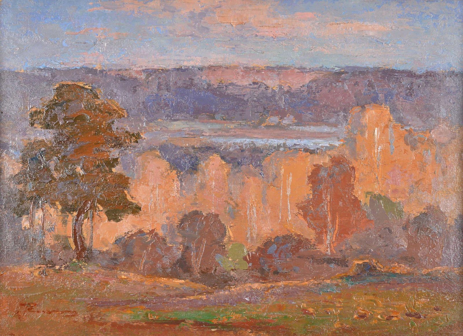 Janis Rikmanisview Of The Lake, Oil On Cardboard, Landscape Painting, 26x36.5 Cm