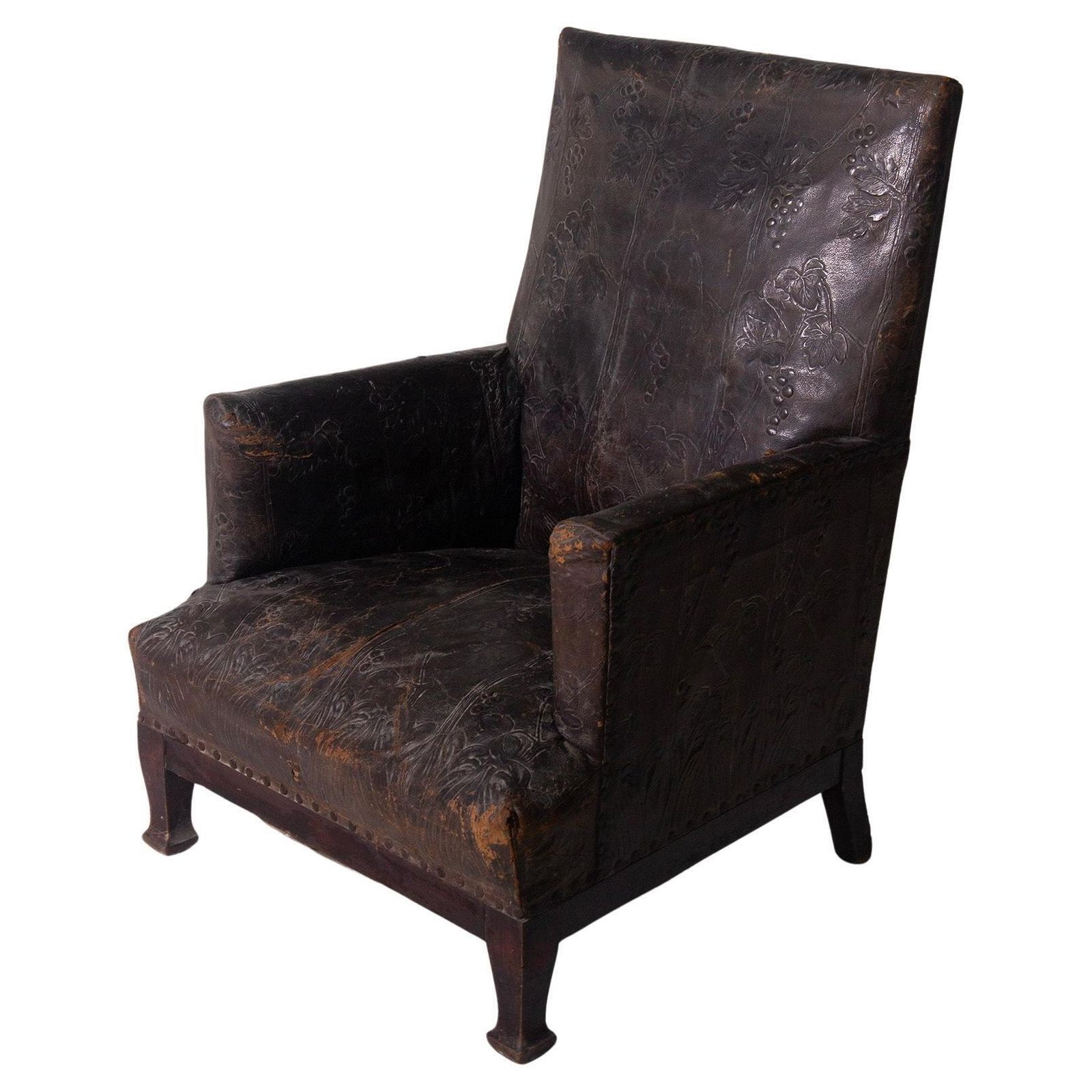 Antique Italian Art Nouveau Leather Armchair With Floral Decorations