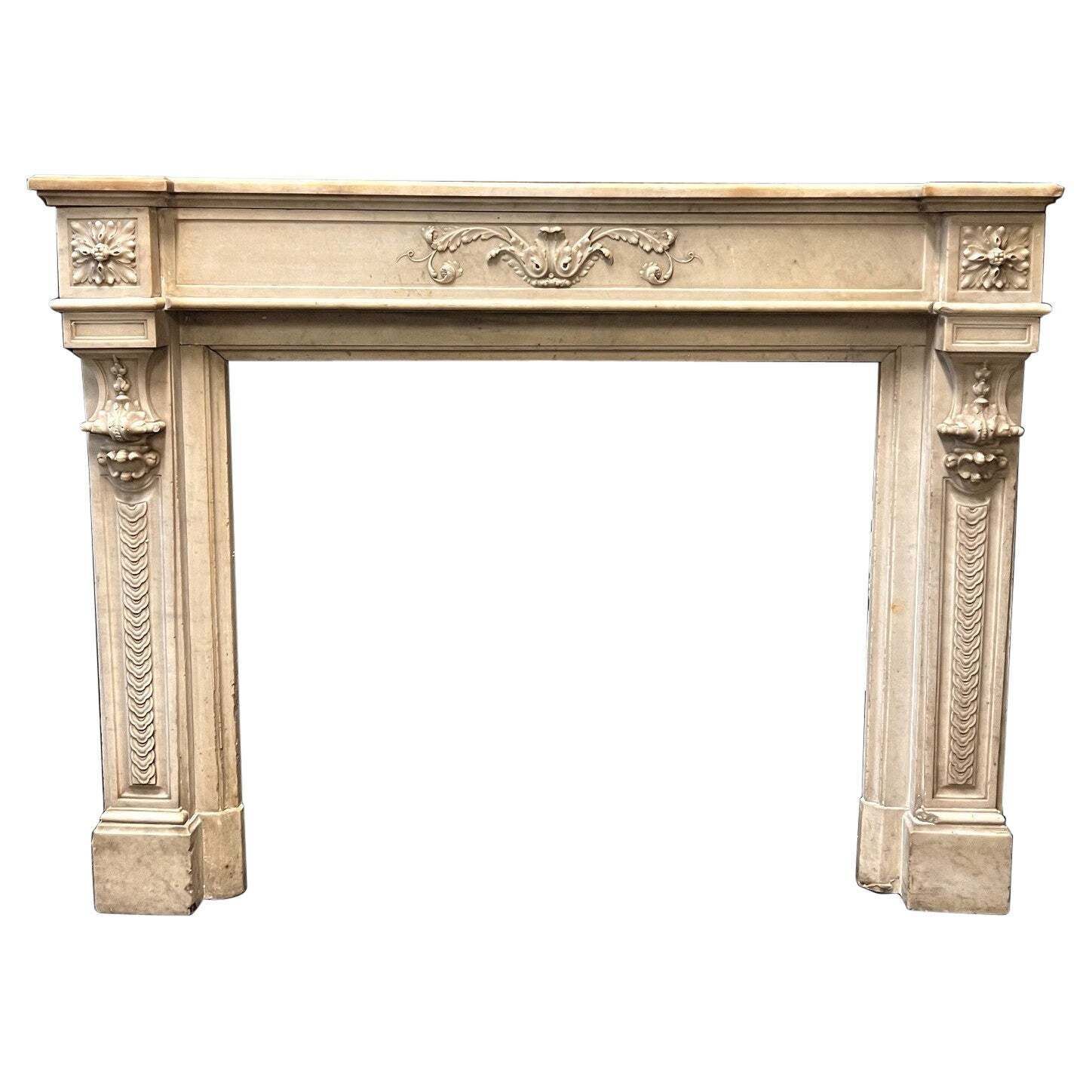 White Carrara Marble Mantel Chimneypiece, Carved With Foliage And Coins