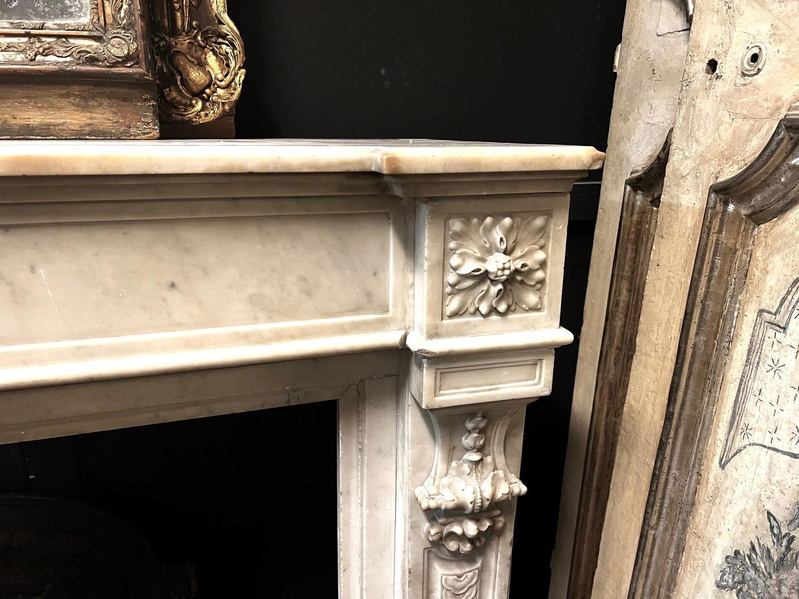 White Carrara Marble Mantel Chimneypiece, Carved With Foliage And Coins photo buy