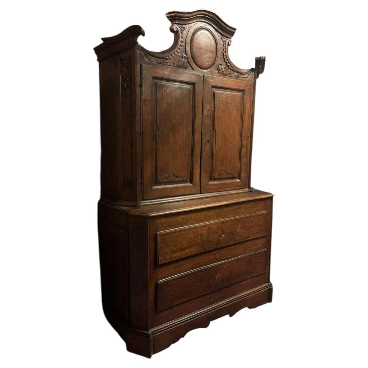 Double Body Walnut Trumeau Cabinet With Boxwood Inlays, Italy