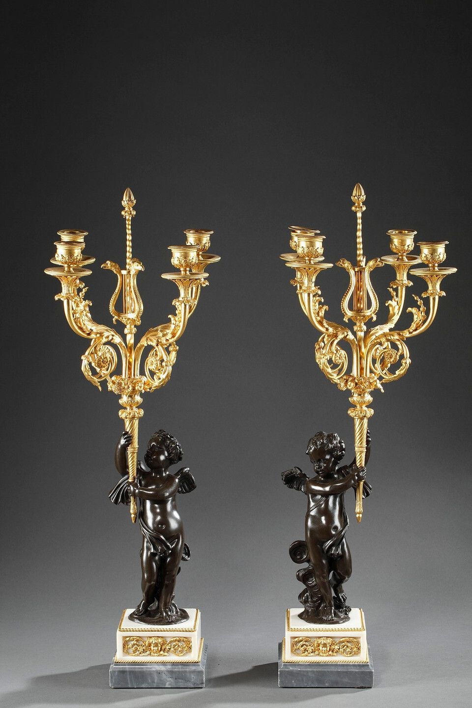 Pair Of Louis XVI Style Candelabra, In Gilt Bronze And Patina photo furniture