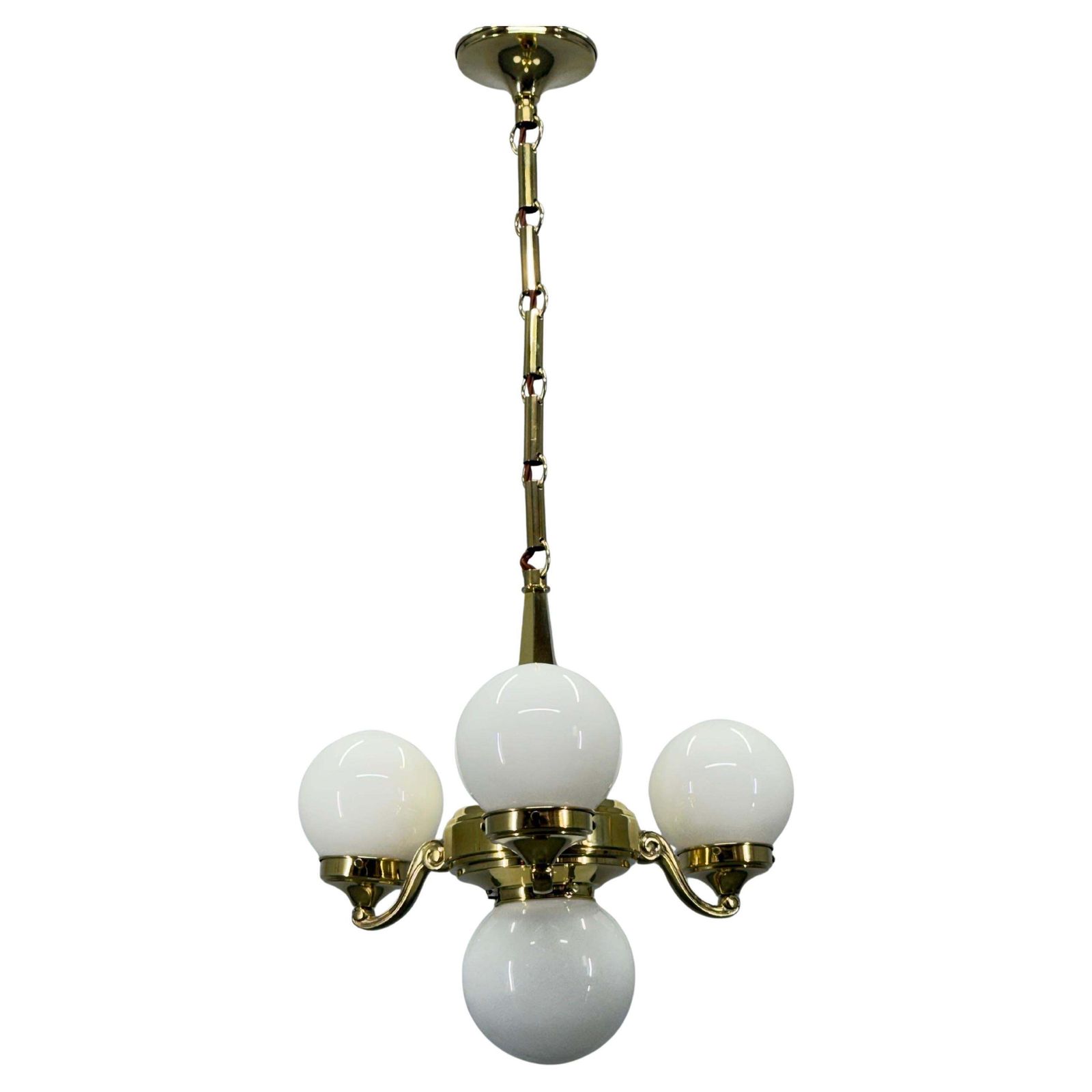 Art Deco Brass And Opaline Glass Chandelier, 1930s