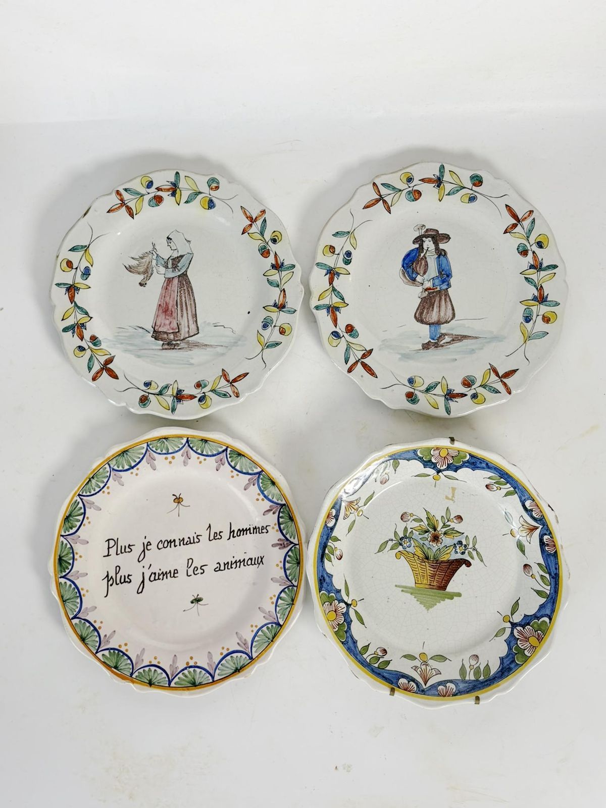 Set Of 4 Antique Pottery Plates, Decorative Motifs, France, Early 20th Century photo furniture
