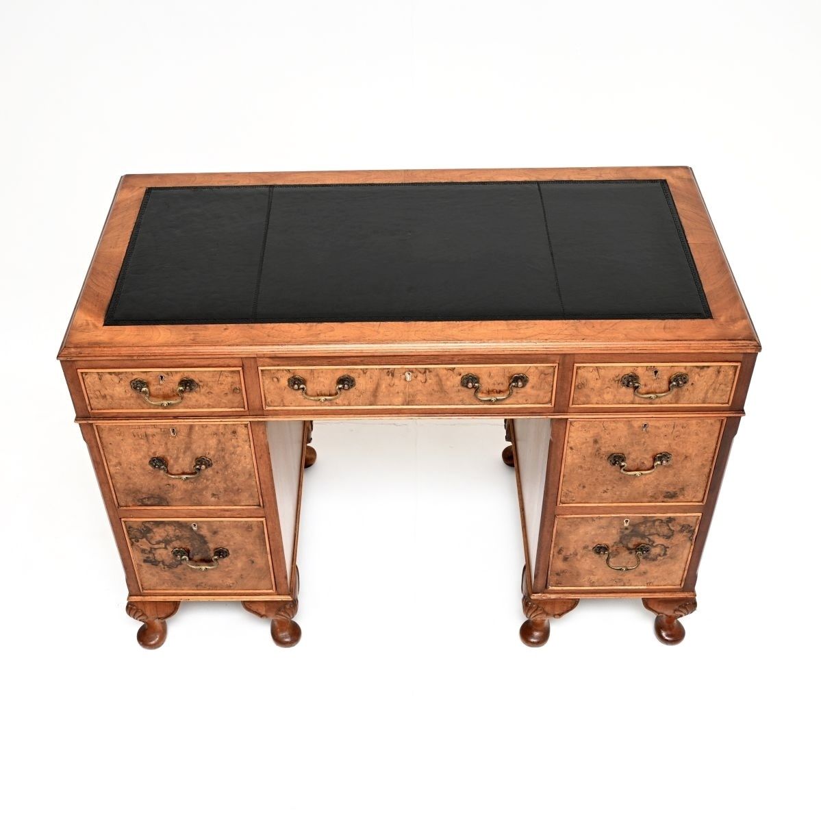 Antique Burr Walnut Leather Top Pedestal Desk photo for sale