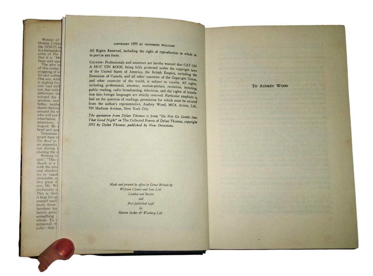 1956 Tennessee Williams 1st Uk Edition: Cat On A Hot Tin Roof, Vintage Classic Book photo Home Decor