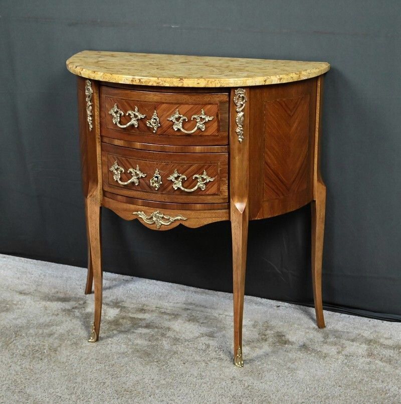 Small Marquetry Half Moon Commode, Louis XV Louis XVI Transition Style – Early 20th Century photo Furniture