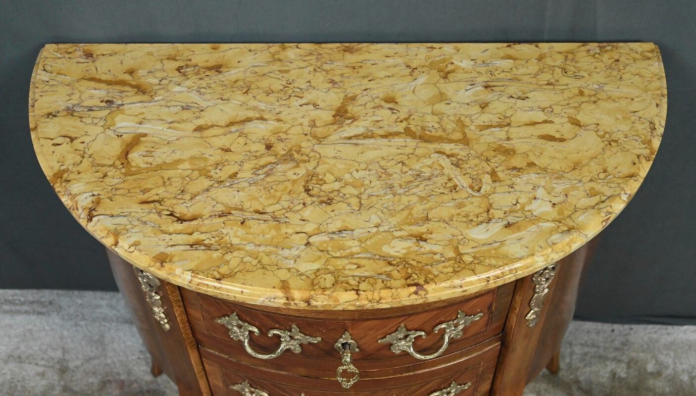 Small Marquetry Half Moon Commode, Louis XV Louis XVI Transition Style – Early 20th Century photo 1620.0