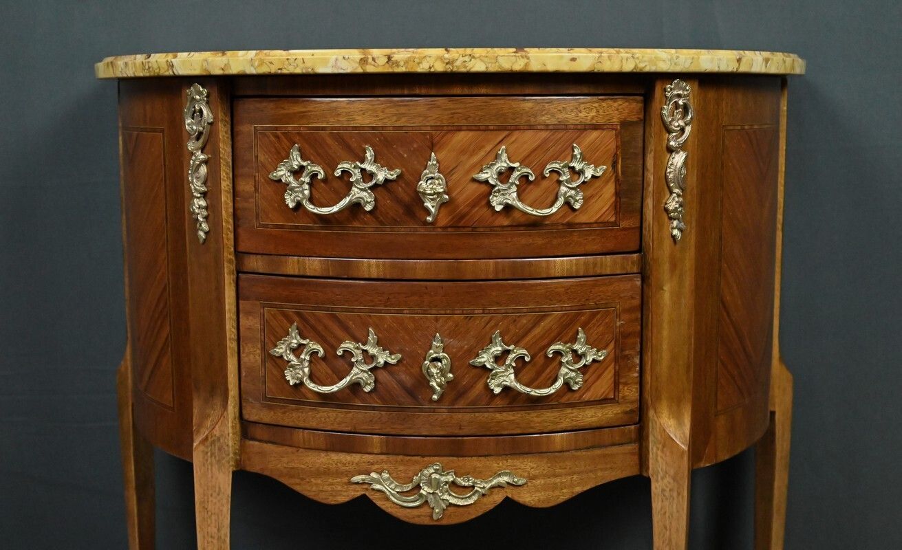 Small Marquetry Half Moon Commode, Louis XV Louis XVI Transition Style – Early 20th Century photo buy