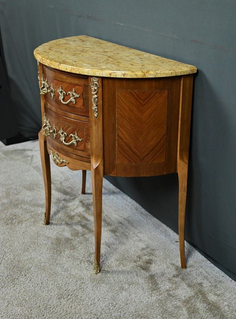 1620.0 Small Marquetry Half Moon Commode, Louis XV Louis XVI Transition Style – Early 20th Century photo
