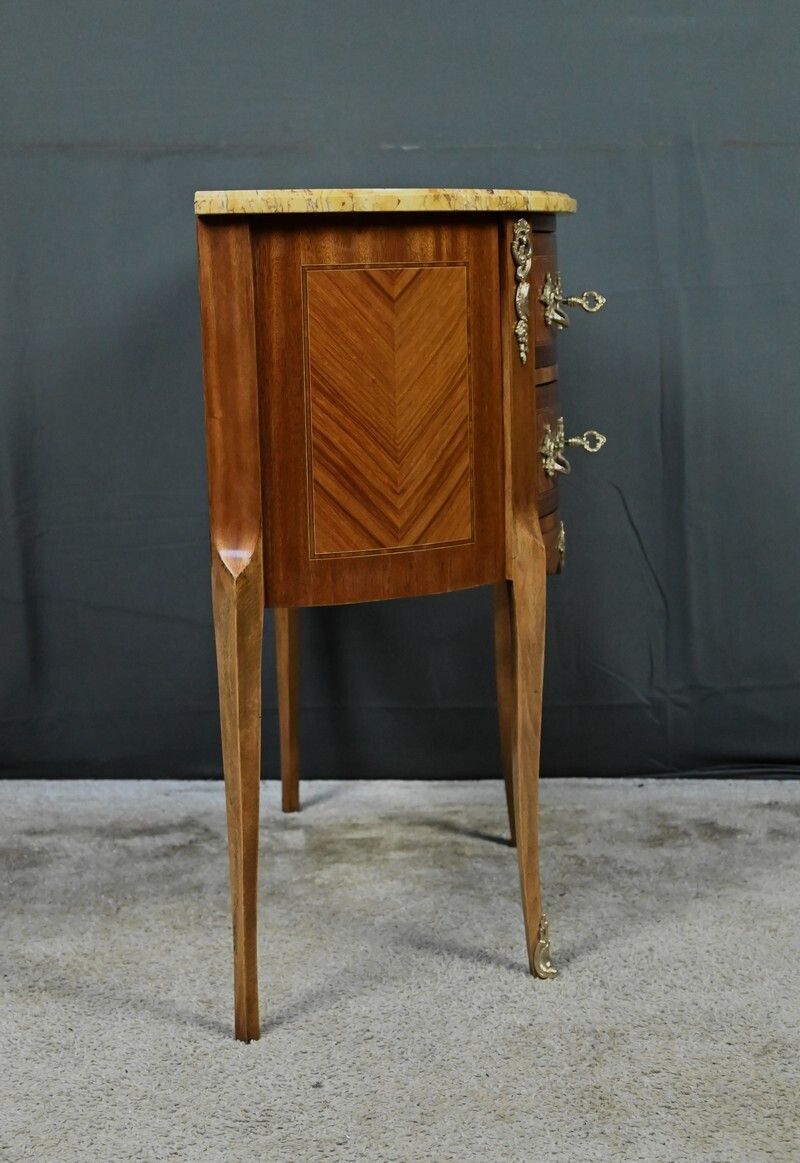 photo buy Small Marquetry Half Moon Commode, Louis XV Louis XVI Transition Style – Early 20th Century