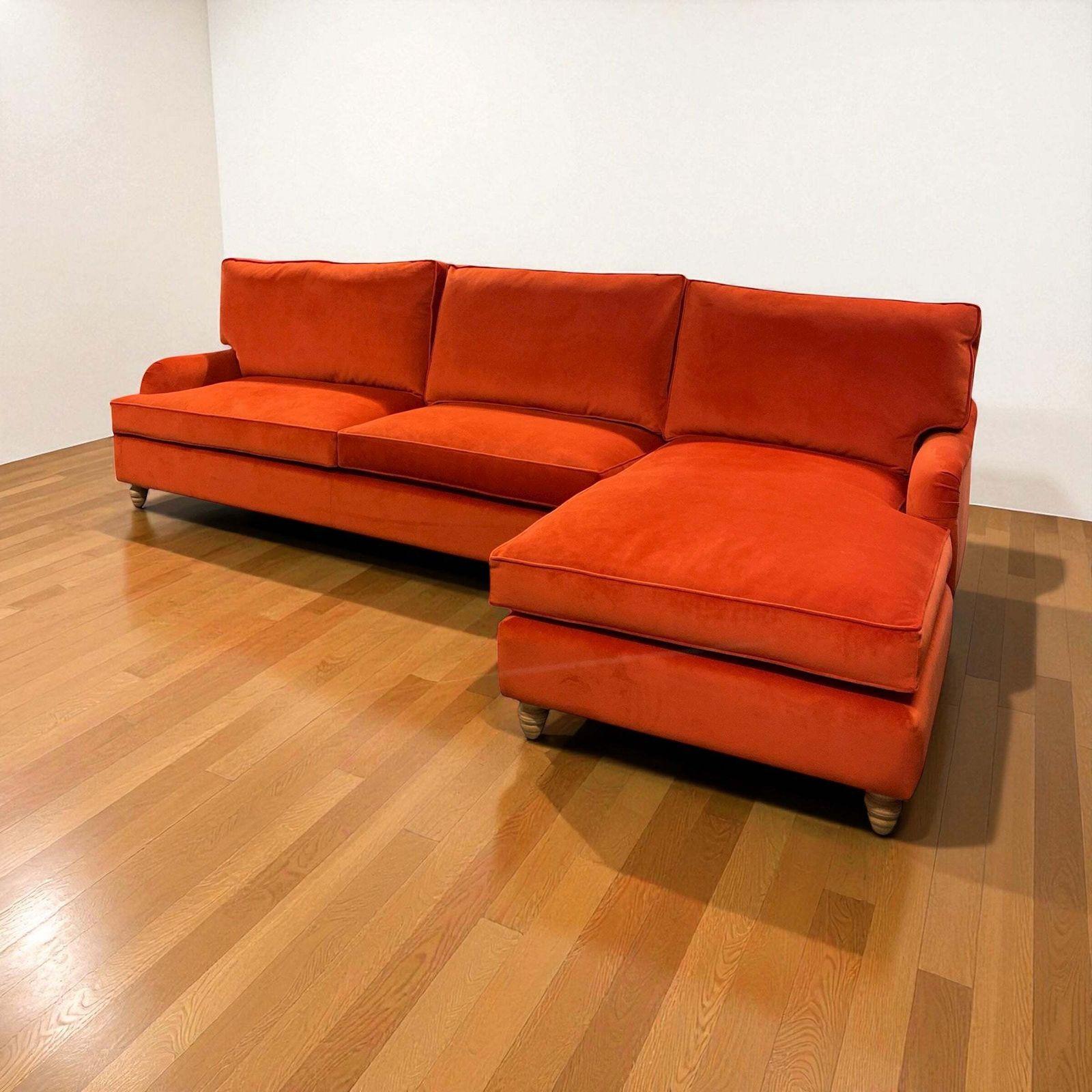 L Shaped Velvet Sofa Burnt Orange Ex Display Right Handed photo for sale
