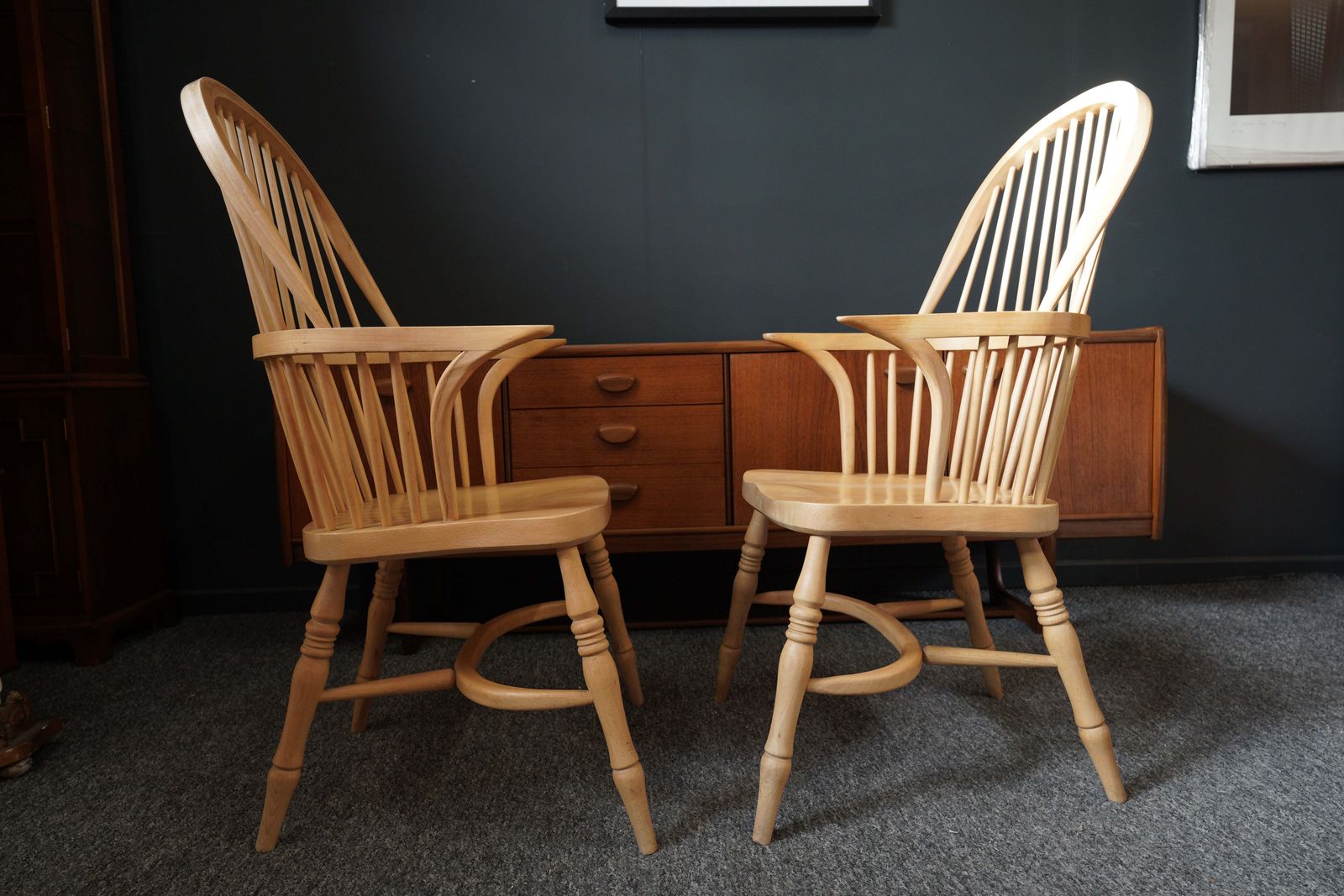 British Windsor Carver Armchairs In Solid Beech – United Kingdom, Mid 20th Century photo for sale