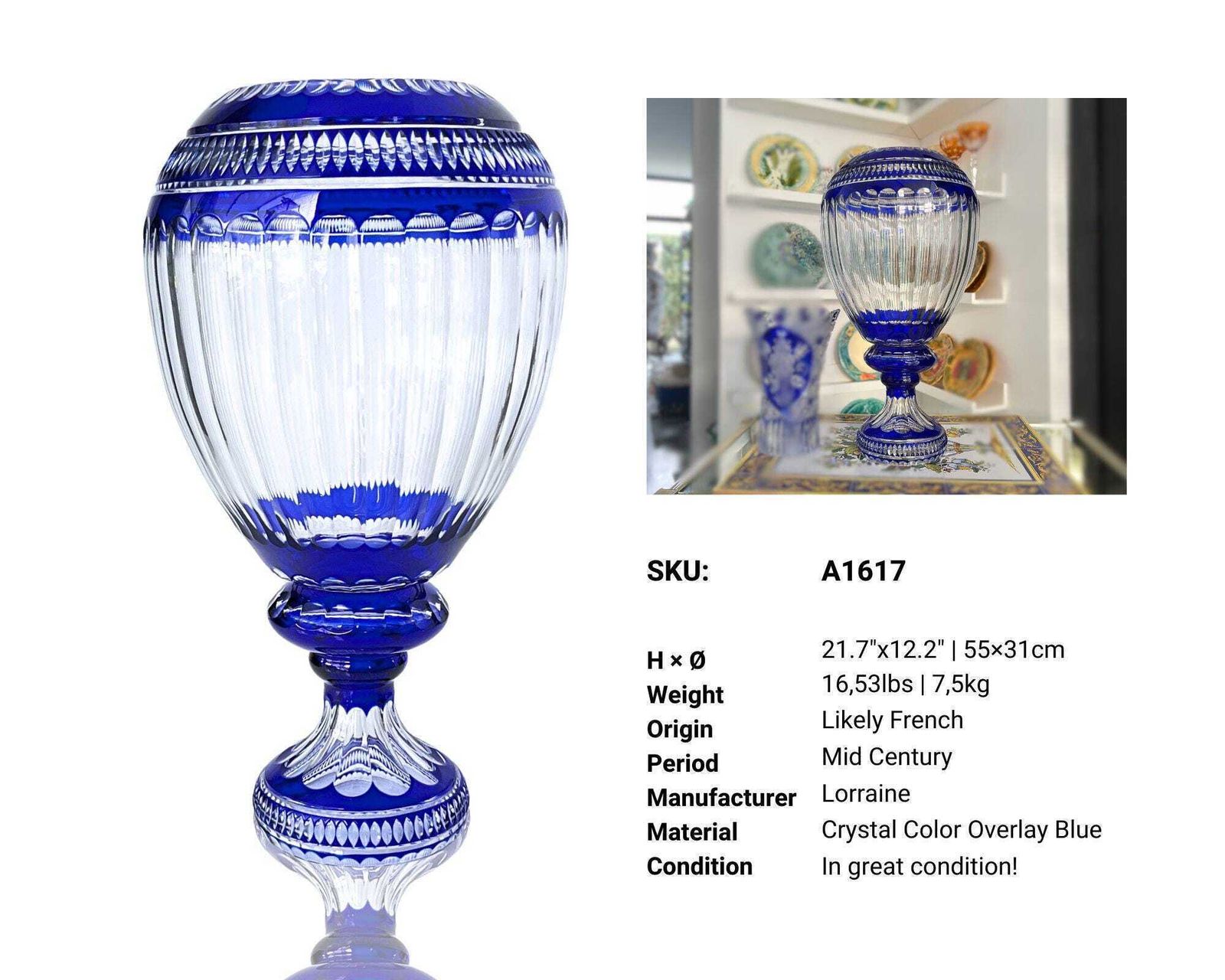 Monumental Lorraine Crystal Vase | 1 Pc | Blue Overlay Pedestal photo for sale