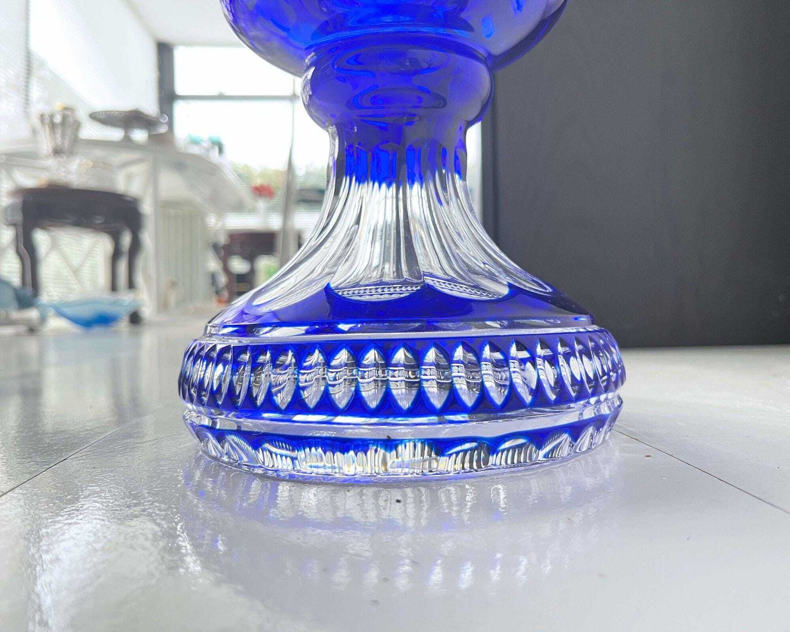 Monumental Lorraine Crystal Vase | 1 Pc | Blue Overlay Pedestal photo vinterior