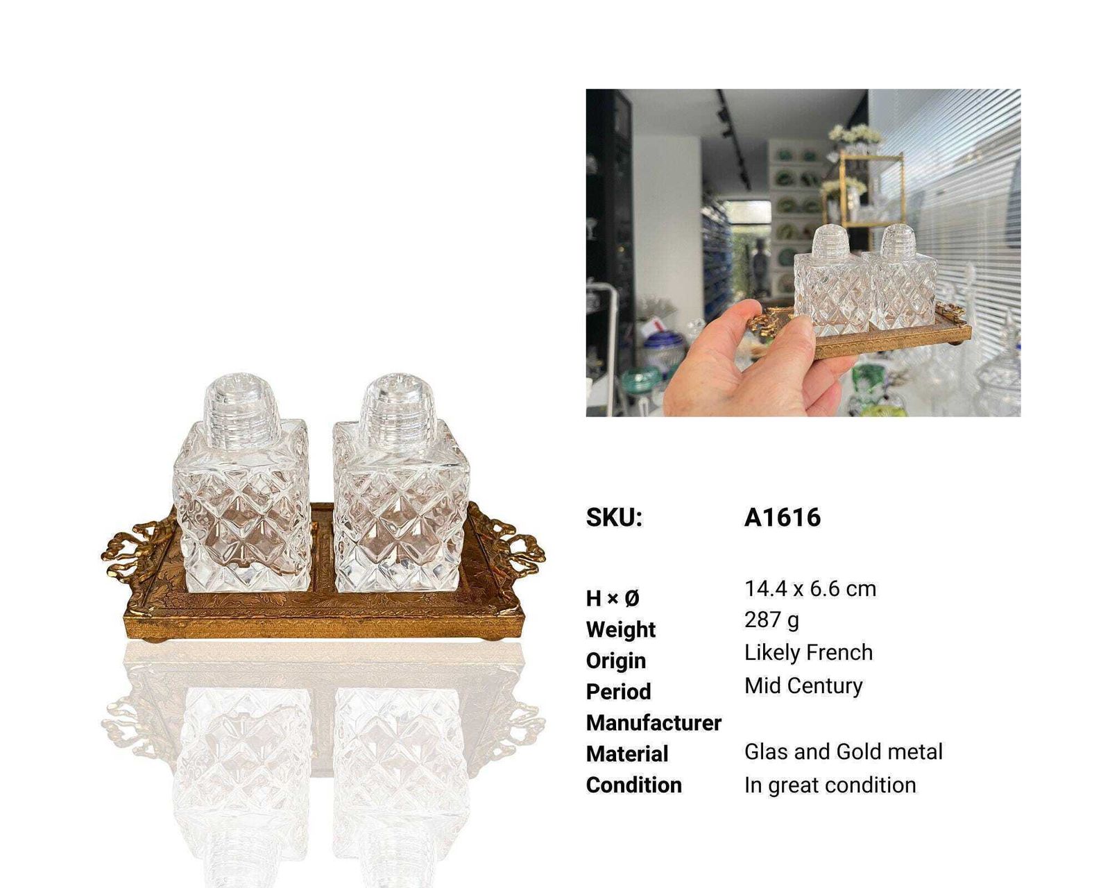 French Glass Salt Pepper Set | Mid Century Metal Tray Bow Detail photo for sale