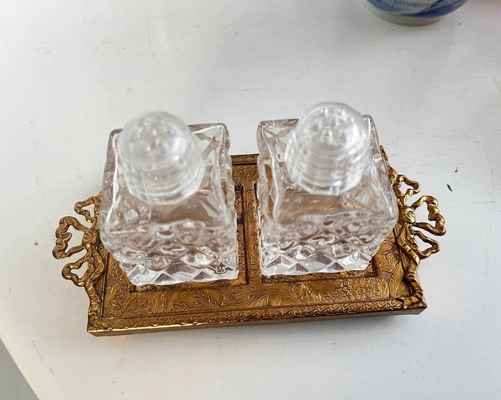 French Glass Salt Pepper Set | Mid Century Metal Tray Bow Detail photo vinterior