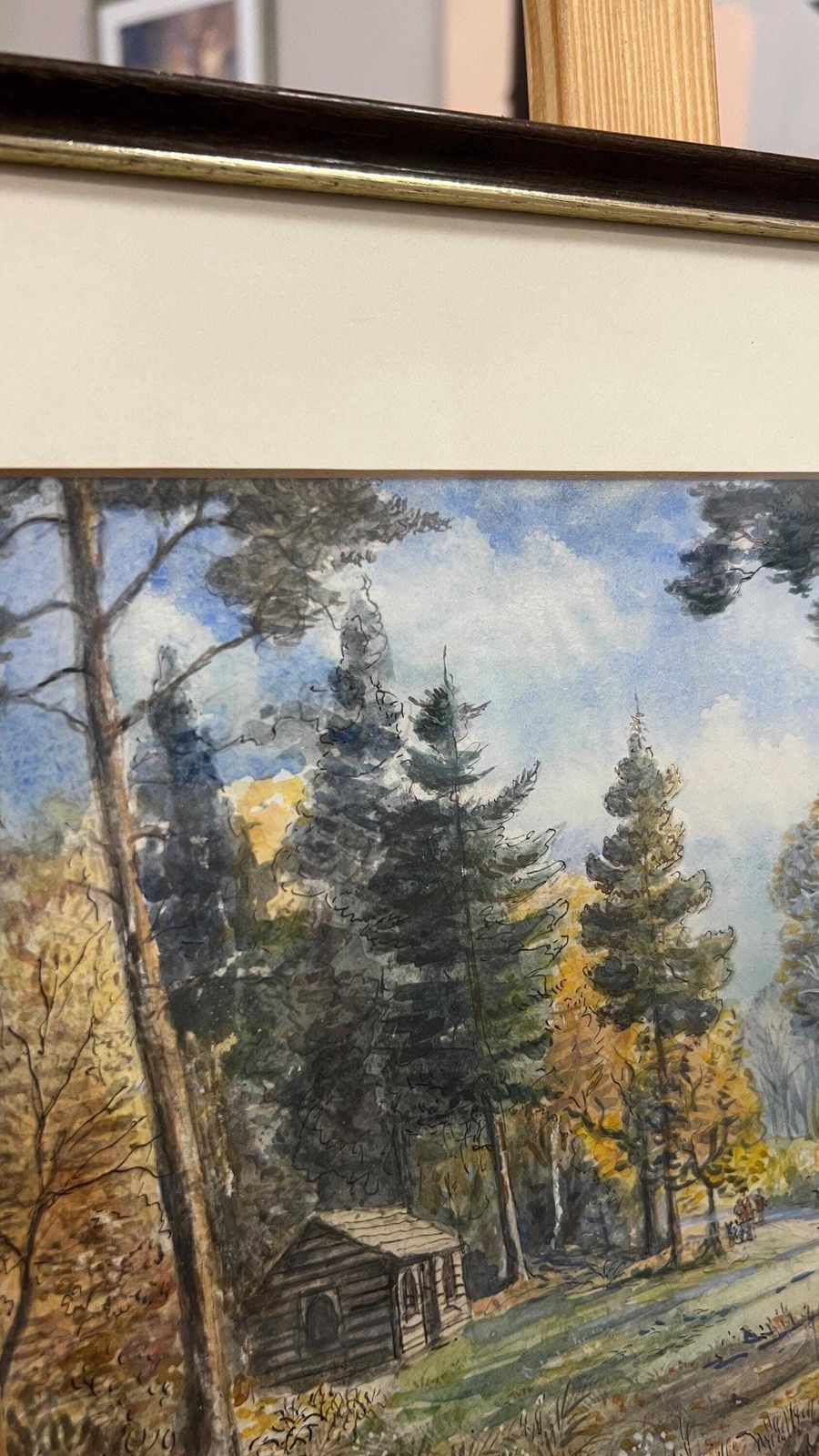 Framed Pen Ink & Watercolour Landscape By S.J. Nash — Woodland Log Cabin Scene Picture photo vinterior