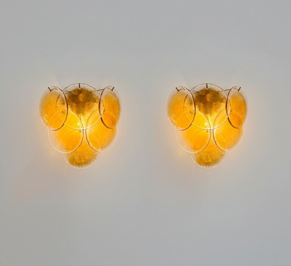 Pair Of Glass Wall Sconces   6 Alabaster Gold Disks photo vintage