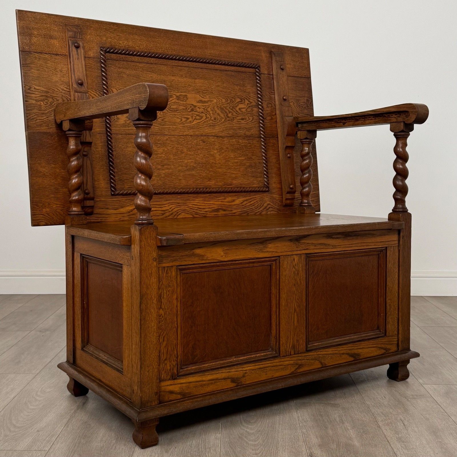 photo for sale Antique 20th Century Good Quality Monks Bench In Golden Oak