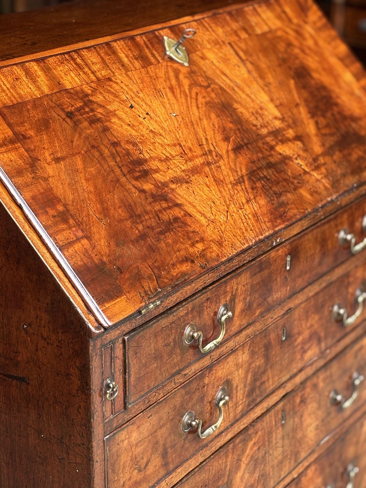 3200.0 Untouched 18th Century George III Period Figured Mahogany Bureau photo