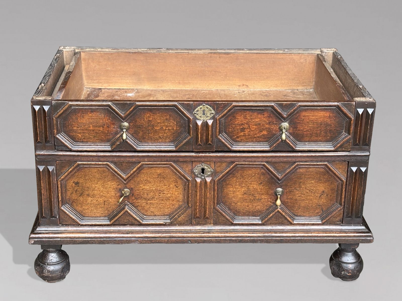 17th Century Charles II Period Jacobean Oak Geometric Chest Of Drawers photo for sale