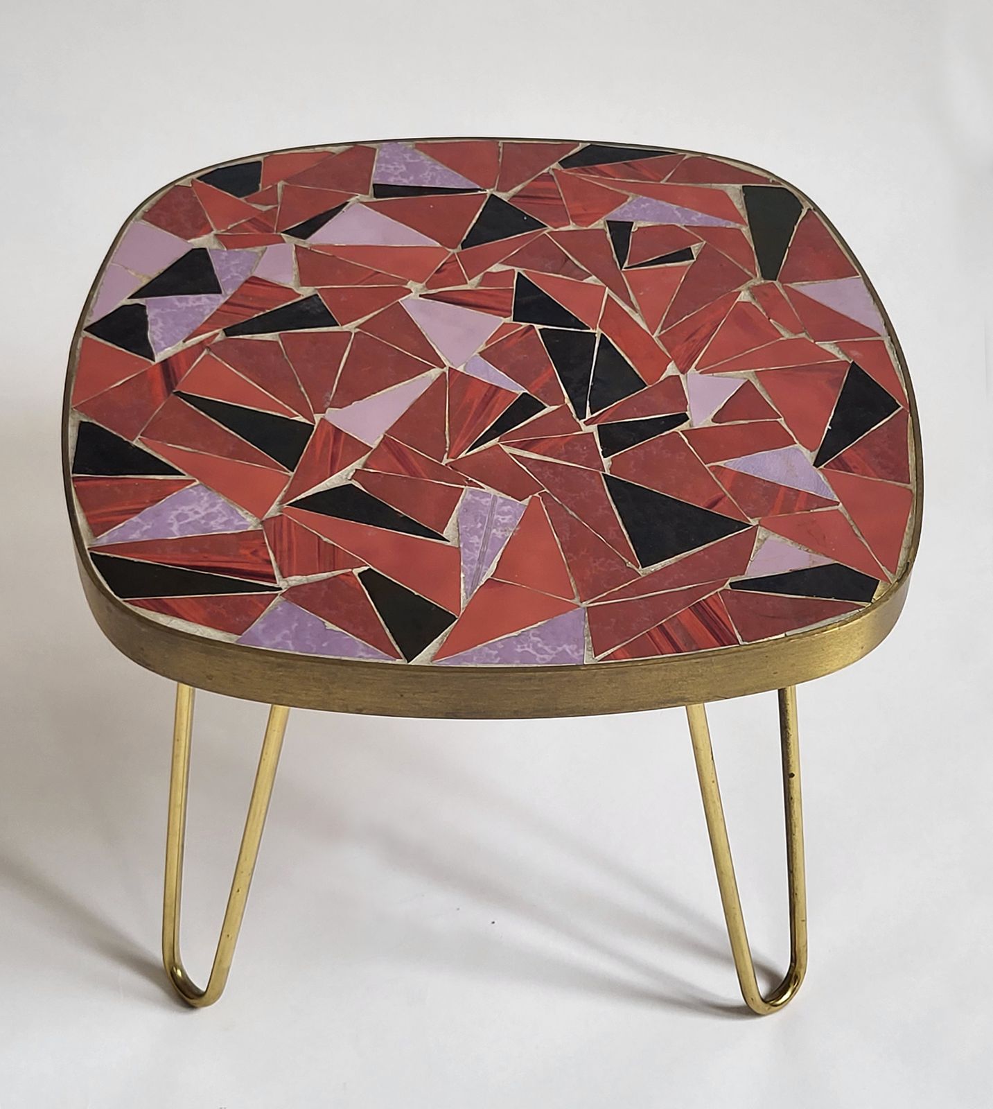 Mid Century Modern Mosaic & Brass Side Table With Hair Pin Legs, 1950s photo for sale