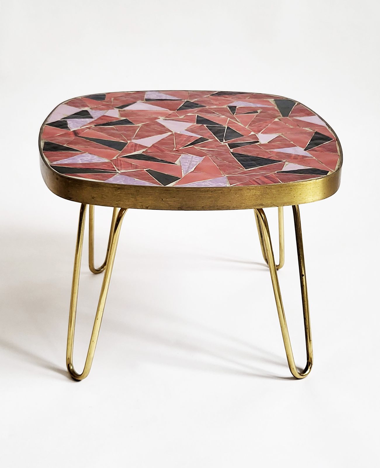 Mid Century Modern Mosaic & Brass Side Table With Hair Pin Legs, 1950s photo Furniture