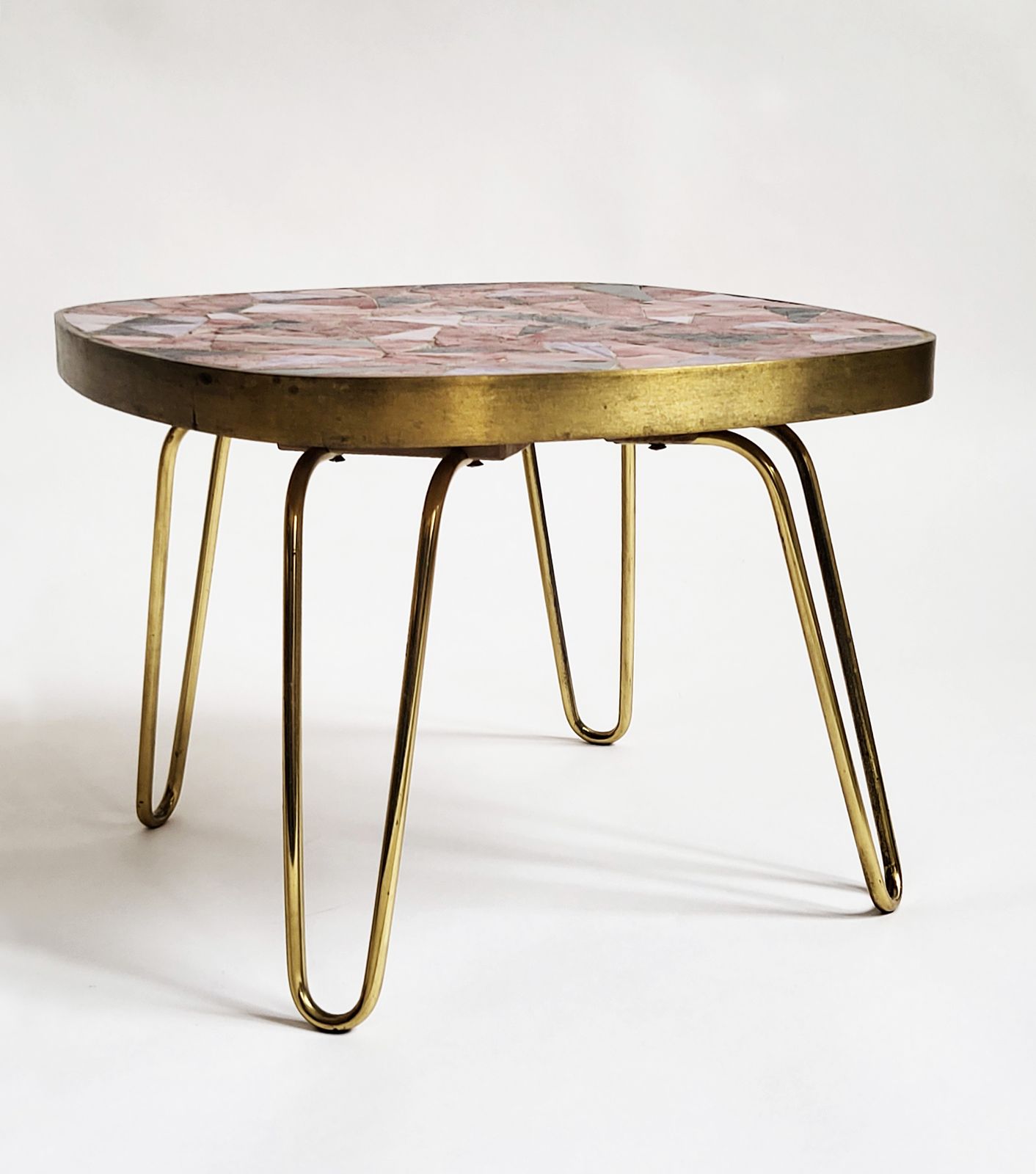 Mid Century Modern Mosaic & Brass Side Table With Hair Pin Legs, 1950s photo buy
