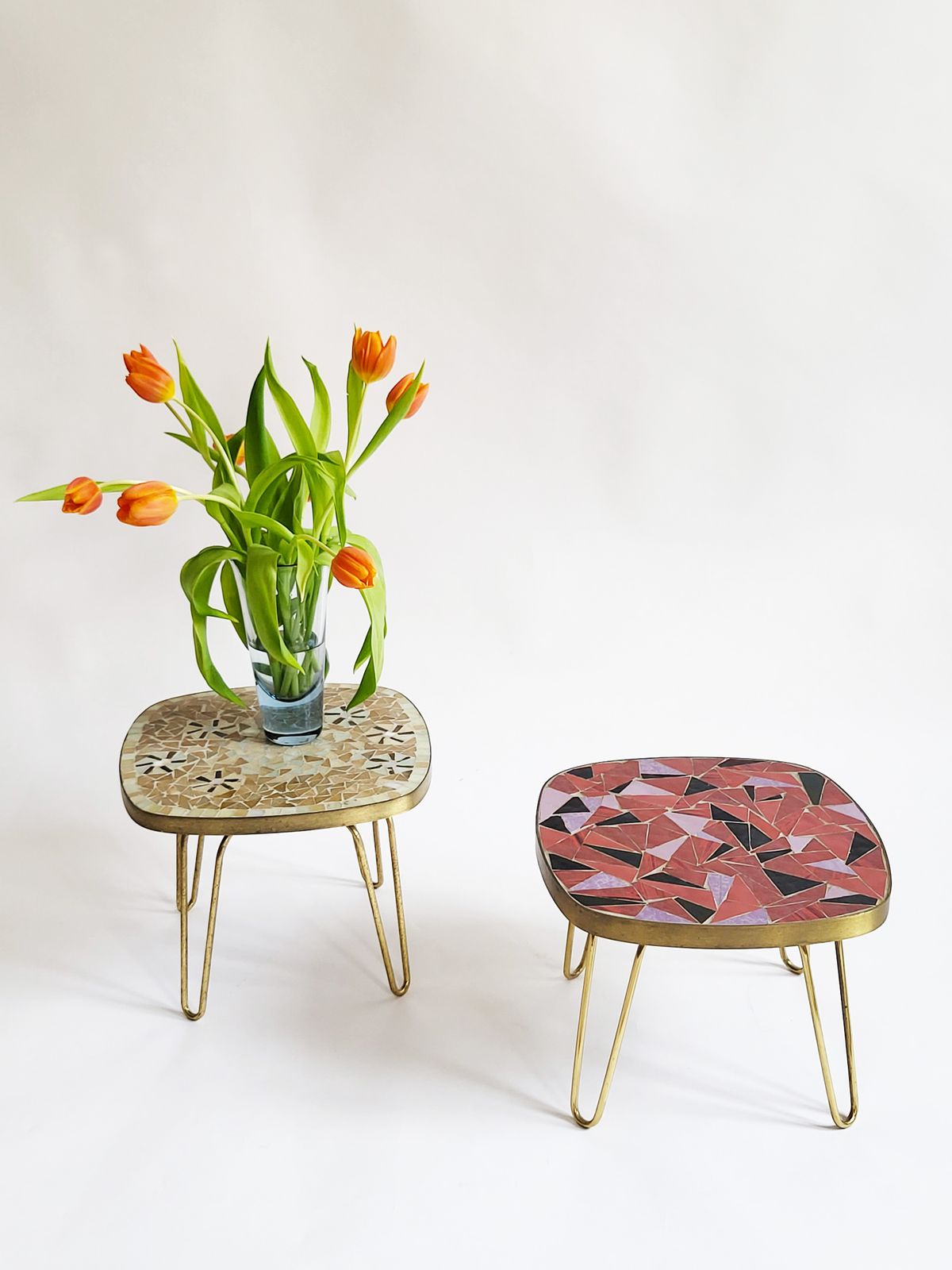 photo buy Mid Century Modern Mosaic & Brass Side Table With Hair Pin Legs, 1950s