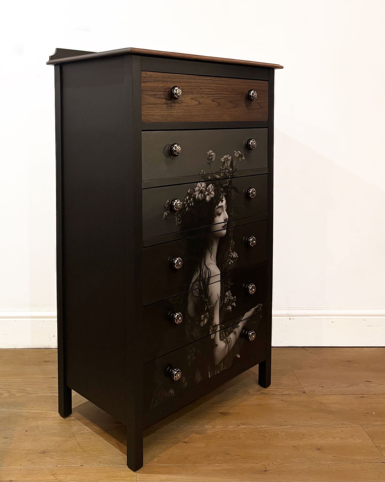 Chest Of Drawers Black And Dark Wood With Decoupage photo Furniture