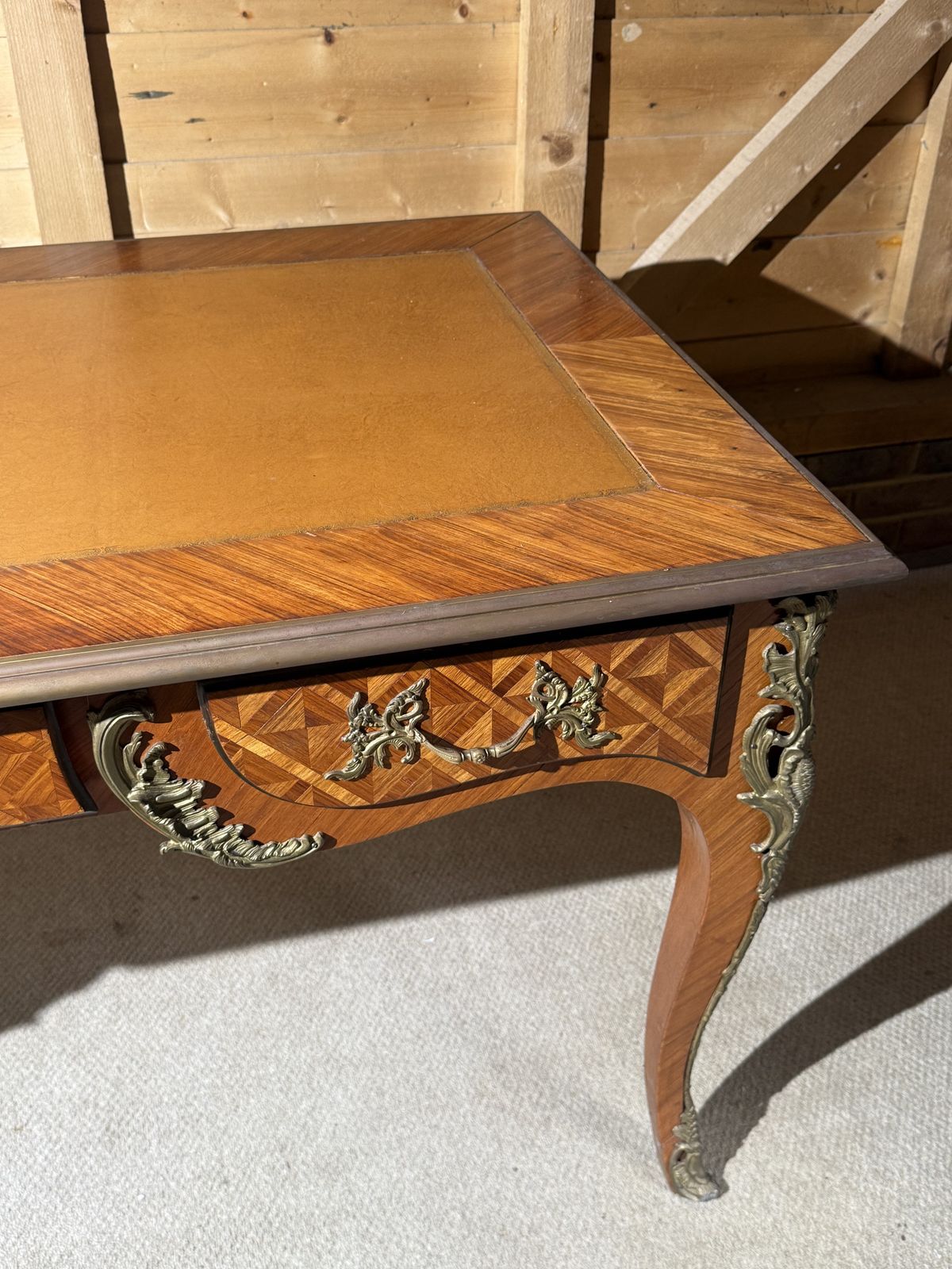19th Century French Louis XV Parquetry Bureau Plat With Ormolu Mounts photo for sale