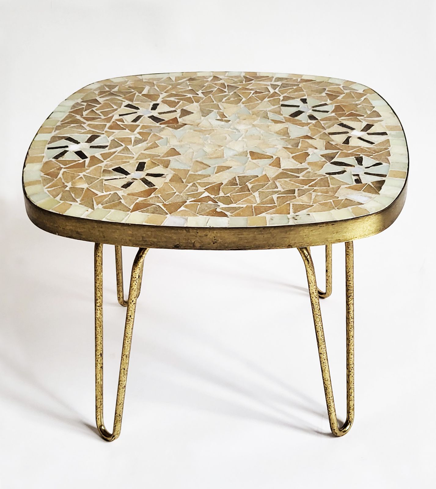 Mid Century Modern Mosaic & Brass Side Table With Hair Pin Legs, 1950s photo furniture