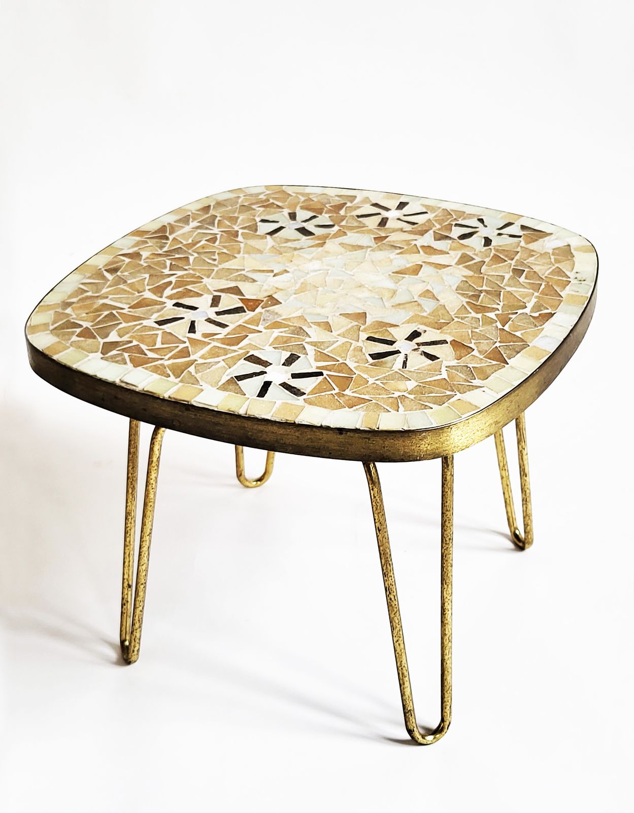 Mid Century Modern Mosaic & Brass Side Table With Hair Pin Legs, 1950s photo buy