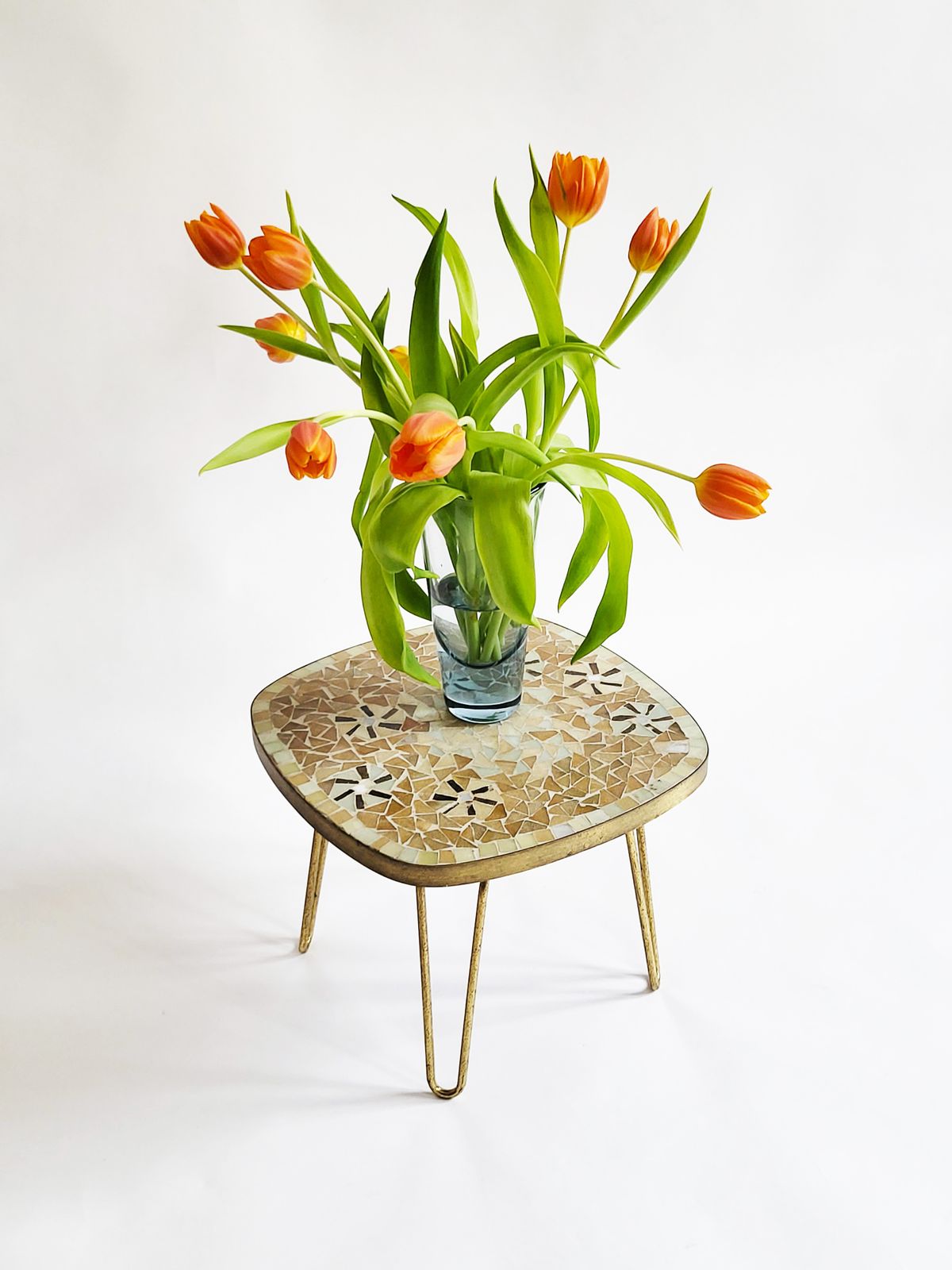 photo furniture Mid Century Modern Mosaic & Brass Side Table With Hair Pin Legs, 1950s