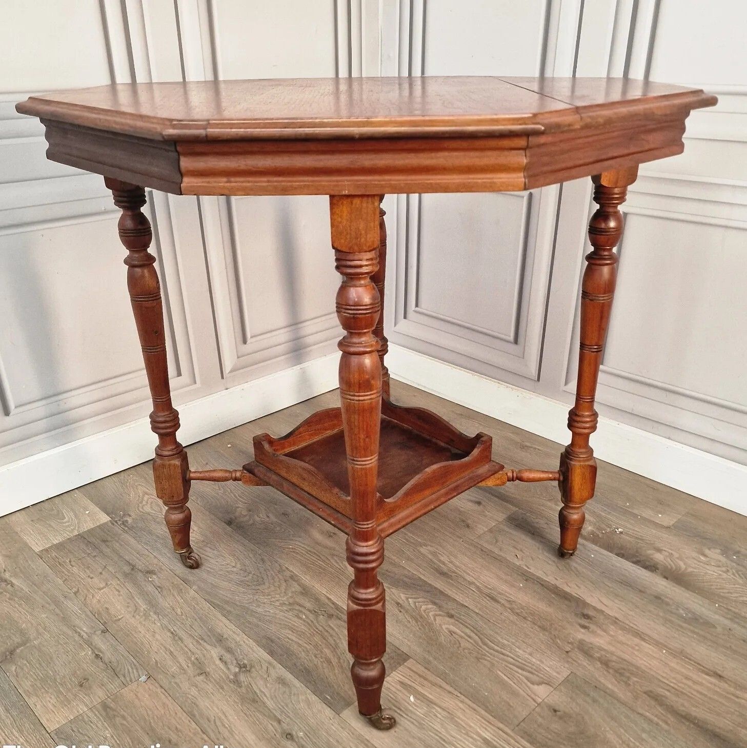 photo vintage Antique Hall Table Wooden Arts & Crafts Octagonal 2 Tier Wood Window Side End