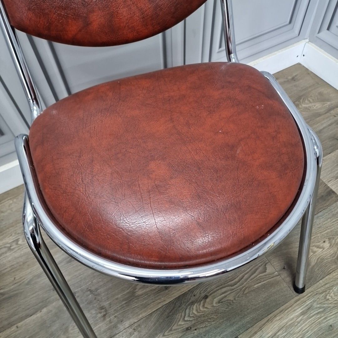 photo furniture Pair 2 Vintage Chairs Ness Chrome Tube Stacking Faux Leather Mid Century