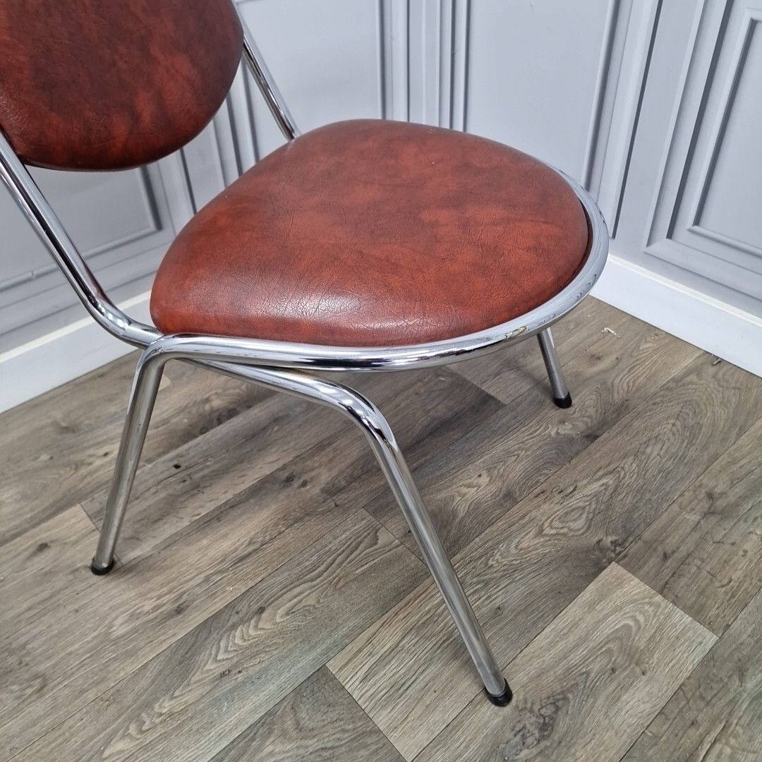 Furniture Pair 2 Vintage Chairs Ness Chrome Tube Stacking Faux Leather Mid Century photo