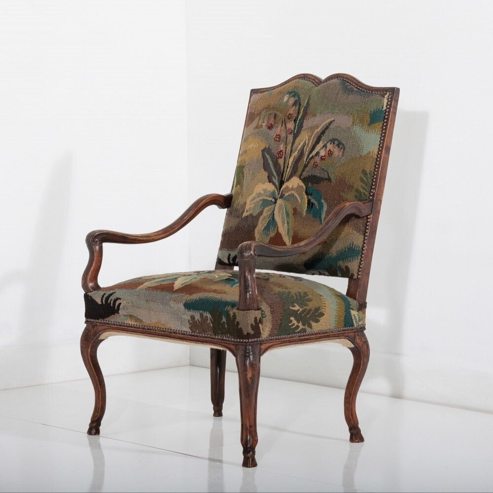 18th Century Walnut French Open Armchair In 19th Century Wild Strawberry Tapestry photo furniture