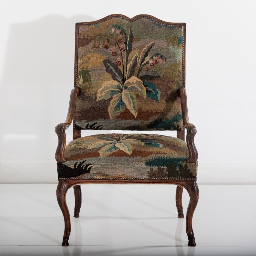 18th Century Walnut French Open Armchair In 19th Century Wild Strawberry Tapestry photo for sale